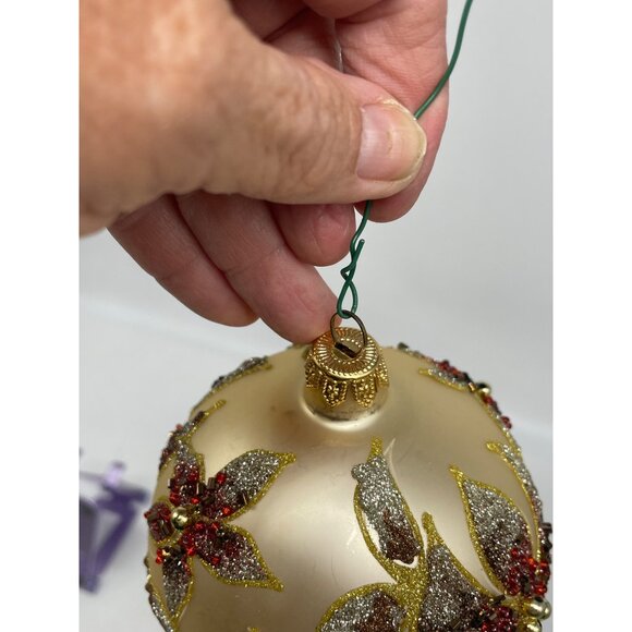 Vintage Kirkland Jeweled Poinsettia Glass Ornament Seed Beads Gliter Ball pair - Picture 11 of 13